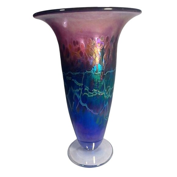 ROBERT HELD LARGE SIGNED TRUMPET CANADIAN IRIDESCENT ART GLASS ART DECO  VASE - Picture 4 of 16